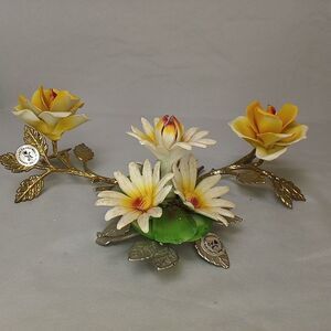 Capodimonte Porcelain White Daises Yellow Roses Flower Metal Stem Italy VTG